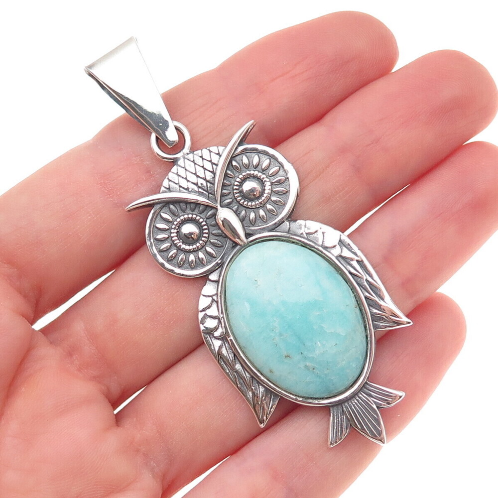 950 Silver Vintage Real Amazonite Owl Bird Oxidized Pendant